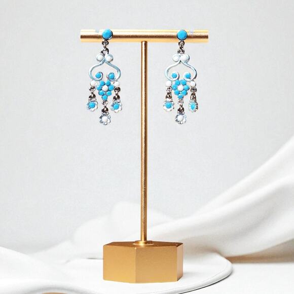 Y2K 90's Vintage Blue White Flower Rhinestone Silver Toned Earrings Dangle - Picture 1 of 1